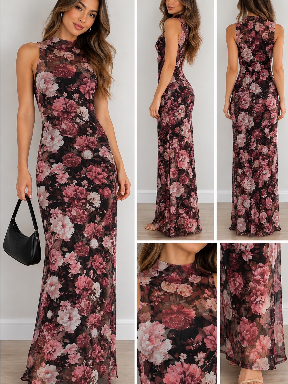 Floral Mock Neck Maxi Dress in Pink/Black